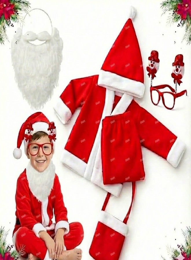 THATHERA Santa Claus Dress For Kids 2-3 Years Boy Girl 6Pc Set with Goggle,Beard,Shirt,Pant,Hat,Goodie Bag Warm Fleece Christmas Fancy Dress Costume School Function Xmas Gift Red Merry - Image 1